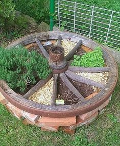 an old wagon wheel is filled with plants