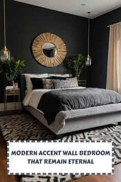 a modern accent wall bedroom that remains in an otherwise traditional style with black walls and gold accents