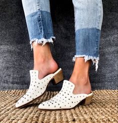 Trendy Studded Heels For Summer, Spring Pointed Toe Heels With Studs, Trendy Summer Heels With Studs, Chic Spring Heels With Studs, Trendy Stacked Heel Mules For Fall, Trendy Fall Mules With Stacked Heel, Trendy Spiked Heels For Summer, Spring Studs Block Heel Heels, Trendy Spiked Heels For Spring