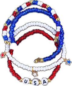 4th Of July Bracelets, Lauren Kelly, Blue Bracelets, Patriotic Bracelet, Bracelets Red, Multiple Bracelets, Seed Bead Bracelets, Blue Bracelet, Gold Stars