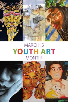 the cover of march's youth art month, with images of people and animals