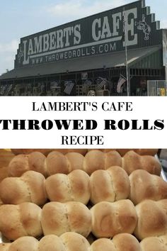 a pile of bread rolls sitting in front of a store with the words lambert's cafe on it