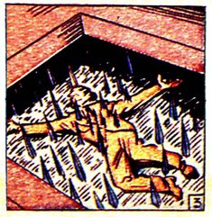 a drawing of a man laying on the ground in front of a box full of knives