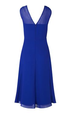 Bright, jewel like hues reign with our Cici dress in Cobalt Blue. Our elegant midi cut dress will smooth and flatter for a streamlined silhouette. The romantic loose cut bodice top has a demure sheer panel for added femininity while the flared skirt with gentle gathering gives added swish and sway after dark. Why not add a contrasting satin waistband for confident colour blocking? Details to love – Midi skirt, strapless bodice, subtle gathering. Formal A-line Dress With Illusion Neckline, Blue A-line Evening Dress, Blue A-line Chiffon Evening Dress, Formal Blue A-line Evening Dress, Flowy Evening Dress For Formal Occasions, Flowy Formal Evening Dress, Elegant A-line Chiffon Dress With Pleated Bodice, Blue A-line Prom Dress, Blue A-line Silhouette Evening Dress