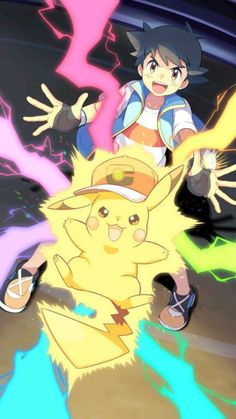 an animated pokemon character riding on the back of a yellow and pink pokemon pikachu