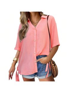 BZB Womens Button Down Shirts V Neck Half Sleeve Tops Side Tie Knot Blouse Pink Casual  Half Sleeve  Plain Shirt   Women Clothing, size features are:Bust: ,Length: ,Sleeve Length: Solid Color Button-up Beach Blouse, Beach Button-up Solid Color Blouse, V-neck Beach Blouse With Buttons, V-neck Blouse With Buttons For Beach, Trendy Solid Color Button-up Blouse, Trendy Solid Color Blouse For Vacation, Collared Solid Color Blouse For Vacation, Trendy Summer Blouse With Button Closure, Trendy Solid Color Blouse For Beach