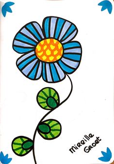 a drawing of a blue flower with green leaves and the words mama grace on it