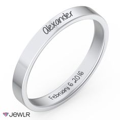 This narrow stacking ring is a beautiful way to celebrate family. Personalize with an engraved name, and add a base engraving with a special message. Stack them up for a multi-ring look! Customize in your choice of sterling silver or white, yellow, and rose gold. Modern Stackable Engraved Round Band Ring, Modern Personalized Round Band Jewelry, Silver Nameplate Rings For Anniversary, Engraving Option Round Band For Promise Ring, Silver Nameplate Ring As Gift, Silver Nameplate Rings As Gifts, Silver Nameplate Rings For Gift, Classic Engraved Band As Gift, Classic Engraved Promise Jewelry