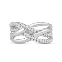 a white gold ring with two rows of diamonds on the sides and an intertwined band