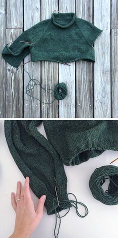 two pictures showing how to make a knitted sweater with yarn and scissors on the table