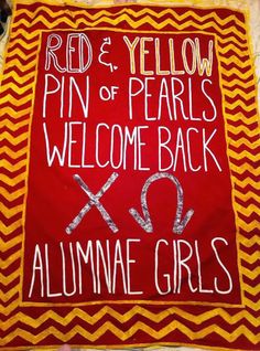 a red and yellow welcome sign with the words, red & yellow pin of pearls welcome back xo