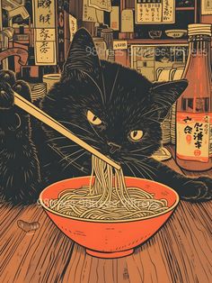 a black cat eating noodles from a red bowl with chopsticks in front of it