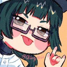 a drawing of a girl with glasses and a hat on her head, giving the peace sign