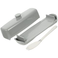 a knife, fork and soap dispenser on a white background