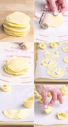 the process of making pancakes is shown with dough and rolling it on a sheet of paper