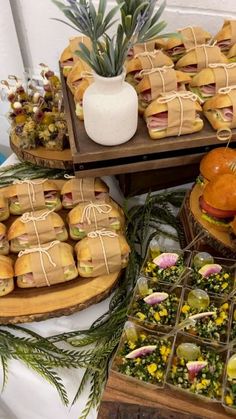 sandwiches and pastries are displayed on wooden trays with pine cones in the background