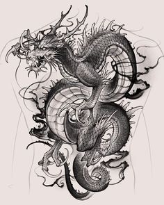 a black and white drawing of a dragon