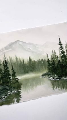 a painting of a mountain lake with trees in the foreground and fog in the background