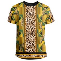 Ghana Kente Leopard King Tee Our Unisex T-shirt is made of a premium polyester blend, offering maximum comfort with a soft feel. It boasts an all-over print design created through a high-definition heat-dye application that ensures vibrant and long-lasting colors even after multiple washes. This T-shirt’s fabric is durable and resistant to wrinkles, shrinking, and mildew, ensuring its longevity. The thread line color is limited to black or white. Every T-shirt is custom printed, cut, and sewn to Yellow Sublimation Print Crew Neck Shirt, Yellow Crew Neck Shirt With Sublimation Print, Multicolor All Over Print Crew Neck T-shirt, Yellow Casual Sublimation T-shirt With Graphic Print, Exclusive Print Short Sleeve T-shirt For Streetwear, Patterned Crew Neck Printed T-shirt, Patterned Graphic Tee With Graphic Print, Yellow Cotton T-shirt With All Over Print, Exclusive Print Crew Neck T-shirt For Summer