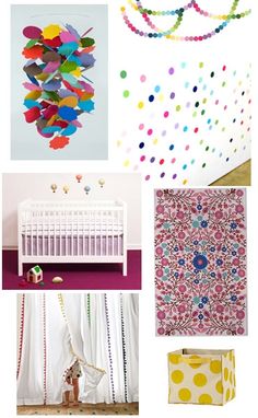 a collage of different items including a crib, wall hangings and curtains