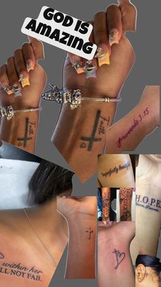 several different tattoos on the arms of people with words written on them and an image of a cross