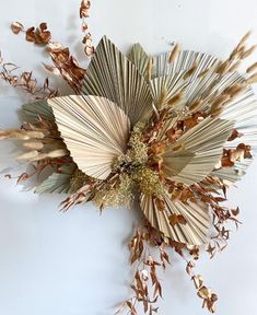 an arrangement of dried flowers on a white wall in the shape of a sunburst