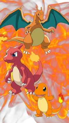 three different types of pokemons in front of fire