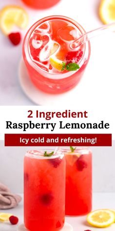 two glasses filled with raspberry lemonade and ice