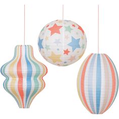 The combination of stars and stripes is sensational! This stylish set of hanging decorations can be used time and time again, or in the home for year long decoration. Hang them over your party table, inside or outside. Simple self assembly required. Packaging made using FSC mix paper. Pack of 3 in 3 designs. Product dimensions: Oval Lantern - 17.75 inches, Wavy Lantern - 19.75 inches, Round Lantern - 16 inches. | Meri Meri | Stars & Stripes Lanterns | Maisonette collects the best children’s products from around the world (unlike Zulily, Etsy, The Tot, Farfetch Kids, Childrensalon, Crate and Kids, Kohls, Wayfair, Buy Buy Baby, Nordstroms, Mini Boden, J.Crew Factory, or PotteryBarn Kids), creating a curated shopping experience for you. Think of us as your shortcut to fashion for litte ones! Paper Lantern Decor, Lantern Candle Decor, Lantern Set, Birthday Cake With Candles, Meri Meri, Hanging Decorations, Star Decorations, Round Decor, Sewing Art