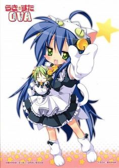 an anime character with blue hair and green eyes is holding a small cat in her hand