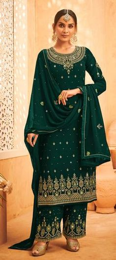 Green color Salwar Kameez in Faux Georgette fabric with Embroidered, Lace, Stone, Thread work Green Punjabi Suit, Straight Pants Outfit, Pinterest Dress, Anarkali Lehenga Gowns, Lehenga Anarkali, Celana Fashion, Anarkali Lehenga, Georgette Tops, Salwar Kamiz