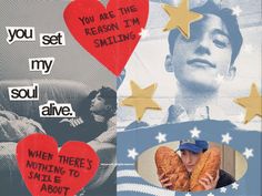 a collage of photos with hearts and stars in the shape of two people holding bread