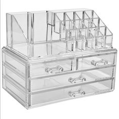 New Set Acrylic Makeup Organizer For Makeup! Makeup Organizer & Cosmetic Organizer Displays Elegantly On Your Bathroom Vanity. Perfect Size For Organizing Lip Liners, Eyeliners, Makeup, Lip Glosses And Jewelry And Other Accessories. The Sleek Design Of The Crystal-Clear Acrylic Makeup Storage & Cosmetic Storage Matches Any Decor. Purchase One For Every Bathroom! Comes In A Full-Color Box, Perfect For Gift Giving! Acrylic Makeup Storage, Rangement Makeup, Makeup Drawer Organization, Acrylic Organizer Makeup, Makeup Supplies, Makeup Holder, Cosmetic Display, Organize Drawers, Display Cases