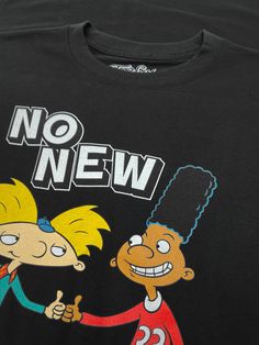 Hey, Arnold! Our team paid tribute to buddies Arnold and Gerald with a graphic tee featuring the cartoon duo, along with the "No New Friends" text. To complete the retro look and feel of this Hey Arnold shirt - we've printed the graphic on a soft, black cotton tee. 100% Cotton Soft Touch Tee Machine Wash Tumble Dry Regular Fit Printed in USA Fan Apparel Tops With Graphic Design For Conventions, Funny Graphic T-shirt For Fans, Funny Character Print T-shirt For Streetwear, Funny Graphic Design T-shirt For Fans, Funny Graphic Print Top For Fans, Retro Black T-shirt For Fan Conventions, Funny Graphic Print Tops For Fan Merchandise, Retro Black T-shirt With Cartoon Print, Black Tops With Cartoon Print For Fan Conventions