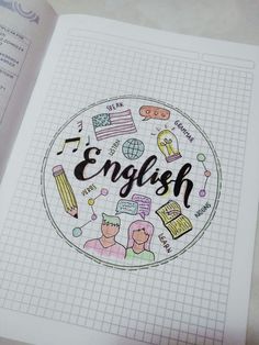 an open book with the words english written in different languages and symbols on it's cover