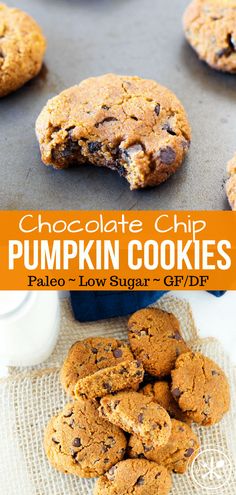 chocolate chip pumpkin cookies on a baking sheet and in the background is a bowl of milk