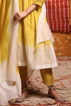 Mustard dip-dyed kurta with embroidered button detailing and side gathers. Comes with pant and shaded dupatta. - Aza Fashions Mustard Dip, Kurta Pant Set, Dip Dyed, Kurta With Pants, Dip Dye, Kurta Set, Pants Pattern, Pant Set, Aza Fashion