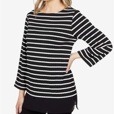 Vince Camuto Vince Camuto Long Sleeve Knit Stripe Tunic Is A Great Top For Everyday Fashion. Boat Neck Line. Long Sleeved Construction. Sheer Paneling At The Hem. 86% Rayon, 9% Polyester, 5% Spandex. Machine Wash, Dry Flat Product Measurements Were Taken Using Size Sm. Please Note That Measurements May Vary By Size. Measurements: Approximately 28” Length Approximately 18.25” Armpit To Armpit Versatile Black Winter Knit Top, Black Stretch Knit Top For Workwear, Stretch Black Knit Top For Work, Versatile Black Long Sleeve Knit Top, Versatile Black Crew Neck Sweater, Black Sweater For Work In Spring, Black Stretch Knit Top With Textured Knit, Black Jacquard Knit Top For Spring, Black Stretch Textured Knit Top