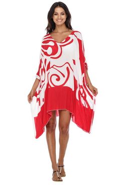 SHU - SHI Women's Short Beach Caftan - Butterfly Loose Swimsuit Cover - Up Red Printed Dress For Beach Season, Red Printed Dresses For Beach Season, White Upf 50+ Beach Cover-up, Casual Red V-neck Kaftan, Red Short Sleeve Swimwear, White Beach Cover-up With Upf 50+, Red Short Sleeve Swimwear For The Beach, Flowy White Cover-up For Vacation, Red Short Sleeve Swimwear For Beach