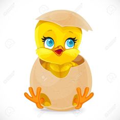 a cartoon yellow bird sitting in an egg shell with blue eyes stock photo and royalty