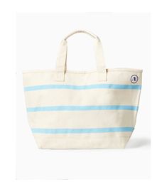 a white and blue striped tote bag on a white background with the word's logo