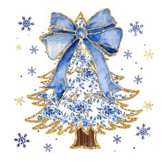 a watercolor painting of a christmas tree with blue ribbon and snowflakes on it