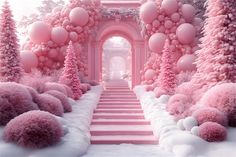 a pink and white winter scene with stairs, trees, and balloons in the air