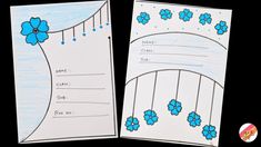 two children's handmade greeting cards with blue flowers on the front and back