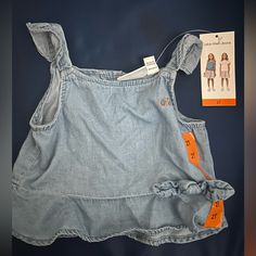 Size 2t, With Tags Included (Never Worn) Blue Short Sleeve Top For Playdate, Cute Denim Top For Spring, Cute Denim Tops For Summer, Blue Calvin Klein Cotton Tops, Light Blue Tops For Playtime In Spring, Light Blue Tops For Spring Playtime, Cute Light Blue Tops For Playwear, Blue Ruffled Tops For Playwear, Cute Summer Denim Tops