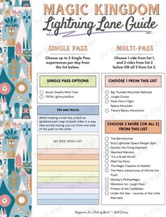 the magic kingdom lightening lane guide is shown in this printable page, which includes instructions