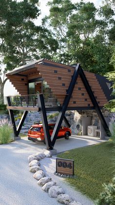 a small house with a car parked in the driveway and stairs leading up to it