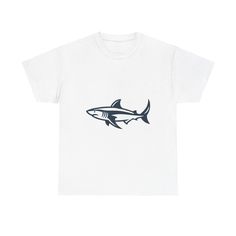 A simple shark-themed t-shirt perfect for those who love minimalist designs. This tee offers a casual and laid-back vibe, suitable for everyday wear or a relaxed weekend look. Ideal for shark enthusiasts or anyone looking for a stylish yet straightforward top. Perfect for casual outings, beach trips, or shark-themed parties.\n\nProduct features\n- Shoulder tape for stability and prevent stretching\n- Knitted in one piece without side seams to reduce fabric waste\n- Ribbed knit collar for elasticity and shape retention\n- Made from strong and smooth fabric perfect for printing\n- Ethically grown and harvested 100% US cotton material\n\nCare instructions\n- Machine wash: warm (max 40C or 105F)\n- Non-chlorine: bleach as needed\n- Tumble dry: medium\n- Do not iron\n- Do not dryclean\n Shark Themed Party, Shark Tee, Fabric Waste, Beach Trips, Minimalist Designs, Knit Collar, Week End, Beach Trip, Cotton Material