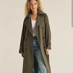 Beautiful Green Trench Coat - Only Worn A Few Times Chic Gabardine Pea Coat For Spring, Chic Spring Gabardine Pea Coat, Chic Gabardine Pea Coat For Fall, Chic Oversized Gabardine Outerwear, Chic Gabardine Pea Coat With Long Sleeves, Chic Khaki Button-up Outerwear, Chic Spring Gabardine Outerwear, Chic Khaki Gabardine Outerwear, Casual Olive Long Coat