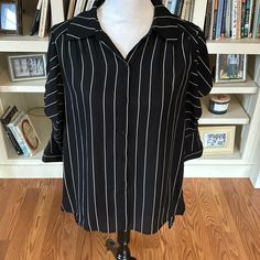 Such A Classy Black And White Stripe Button Front 3/4 Sleeve Blouse From Dr2! Black With White Stripes, 3/4 Sleeves With A Fun Twist Detail (Super Unique!), Longer Length In Back To Cover Bum. Polyester. Great Classic, Timeless, Minimalist Shirt! Loose Oversized Fit And Longer Length In Back Looks Great With Leggings Or Slim Cut Pants! Perfect For Everyday, Casual, Business Casual, Office. Easily Dresses Up Or Down Depending On Styling. Perfect Capsule Wardrobe Piece! Size Small, Nwt * Long Shir Black Half Sleeve Shirt For Workwear, Black Half Sleeve Shirt For Work, Workwear Blouse With 3/4 Sleeves And Button Closure, 3/4 Sleeve Blouse With Button Closure For Work, Chic Half Sleeve Blouse With Button Closure, Half Sleeve Blouse With Button Closure For Work, Summer Black Blouse With Button Cuffs, Black Summer Blouse With Button Cuffs, Chic 3/4 Sleeve Blouse With Buttons